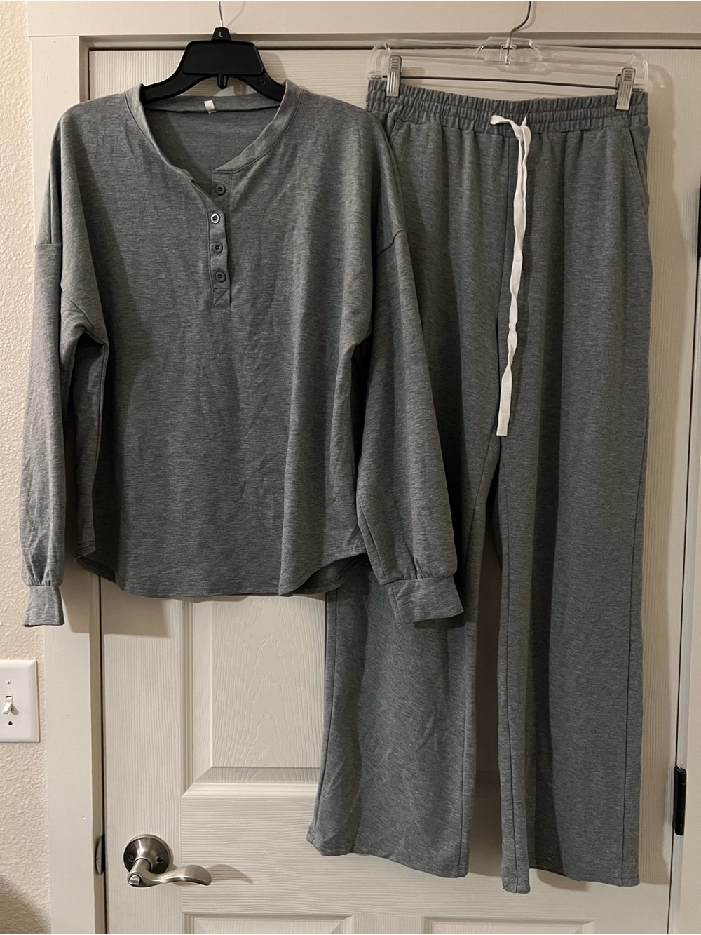 Light‎ Grey Henley Lounge Set - Soft Long Sleeve Top & Pants #410